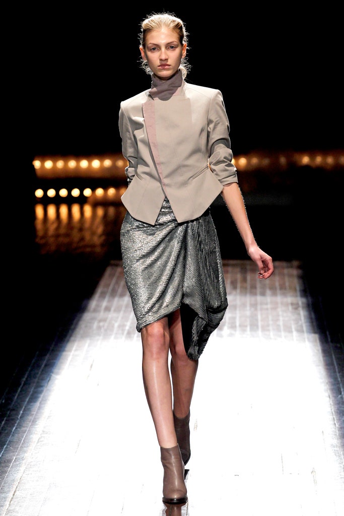 gray silk asymmetric fitted draped flowing skirt