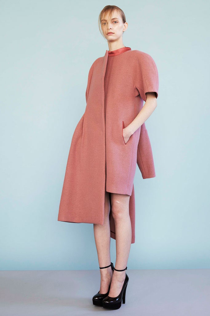pink wool short-sleeve collared relaxed pockets midi coat