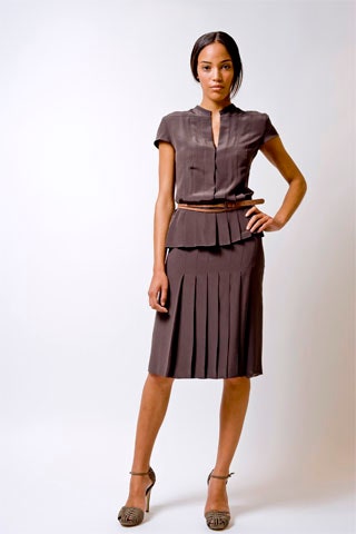 brown silk pleated blouse and skirt