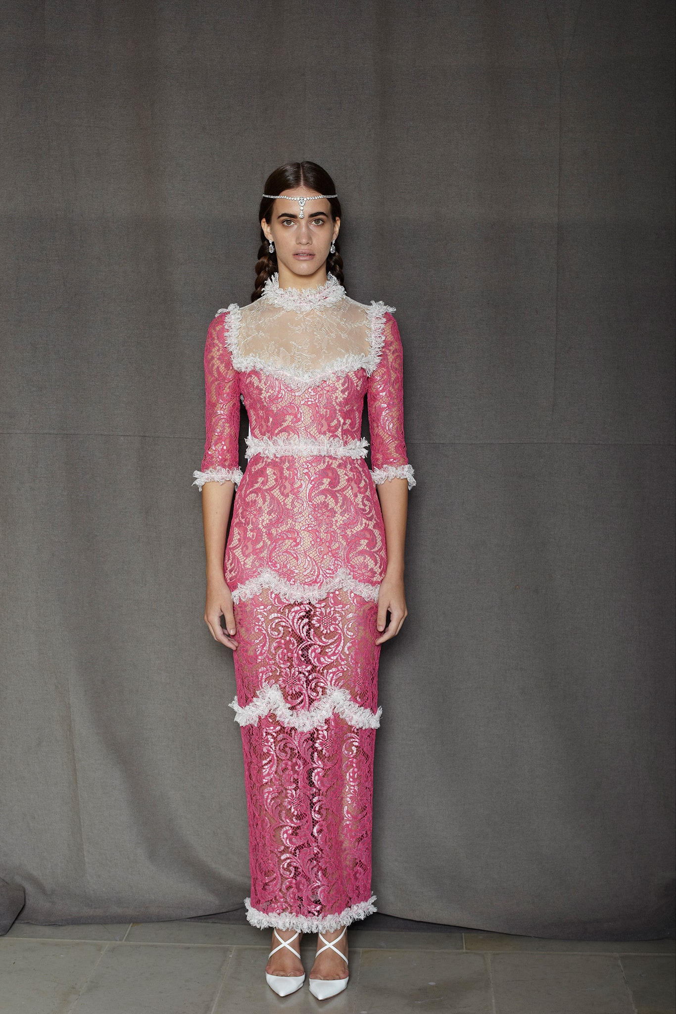 fitted pink lace gown