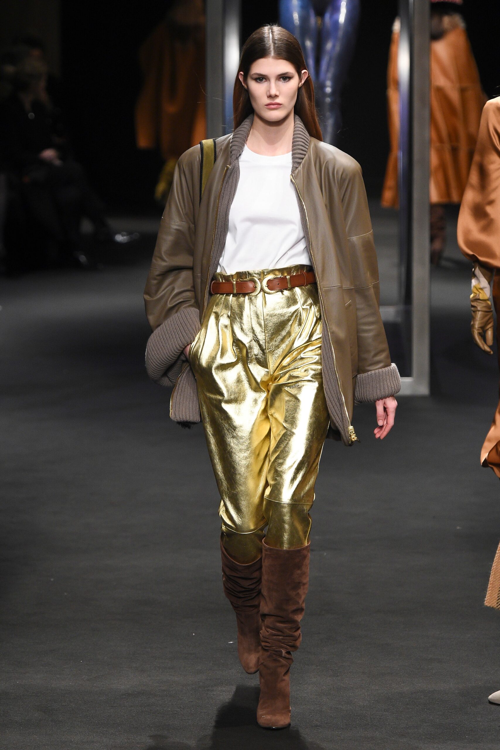 brown leather long-sleeve collared relaxed zippered jacket