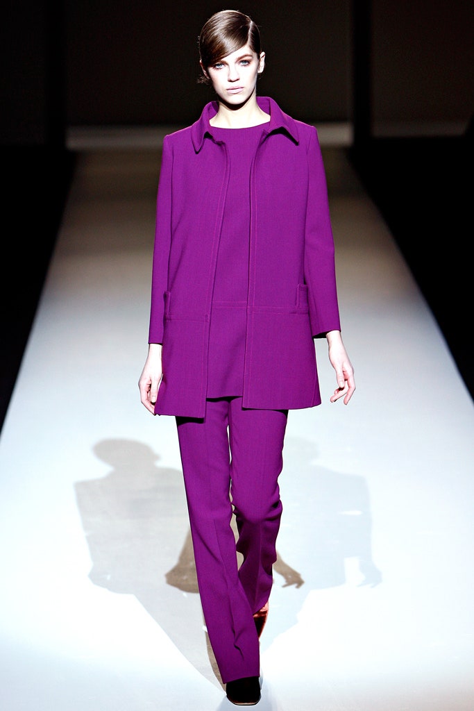 purple tailored coat and pants