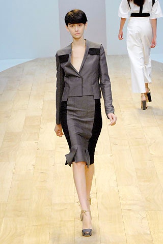 gray tailored blazer and black pencil skirt