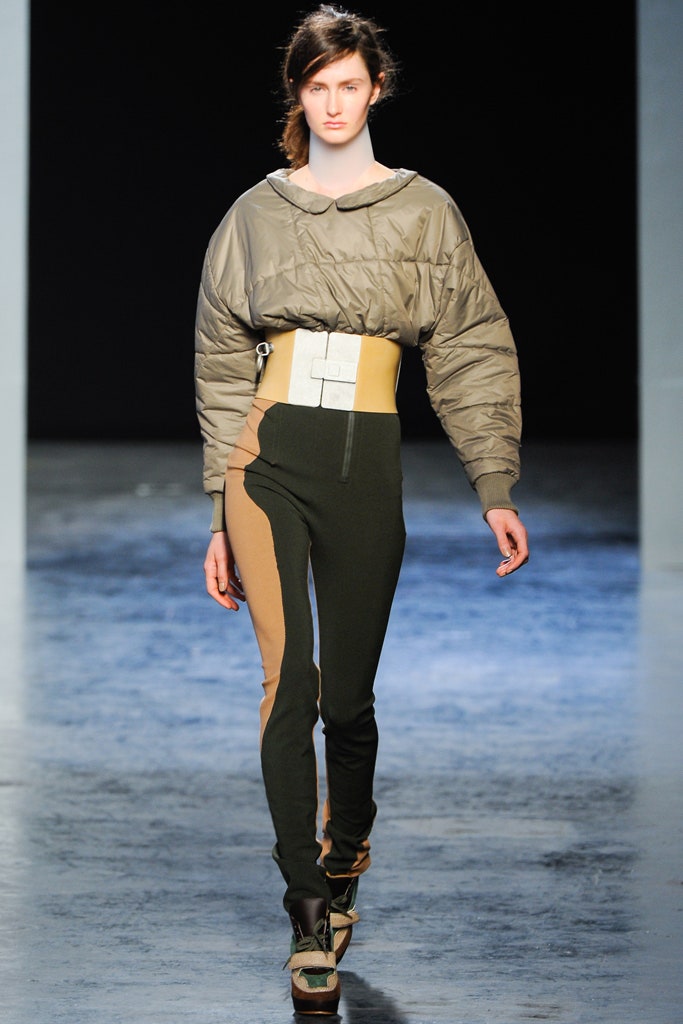 gray padded jacket with color-blocked pants