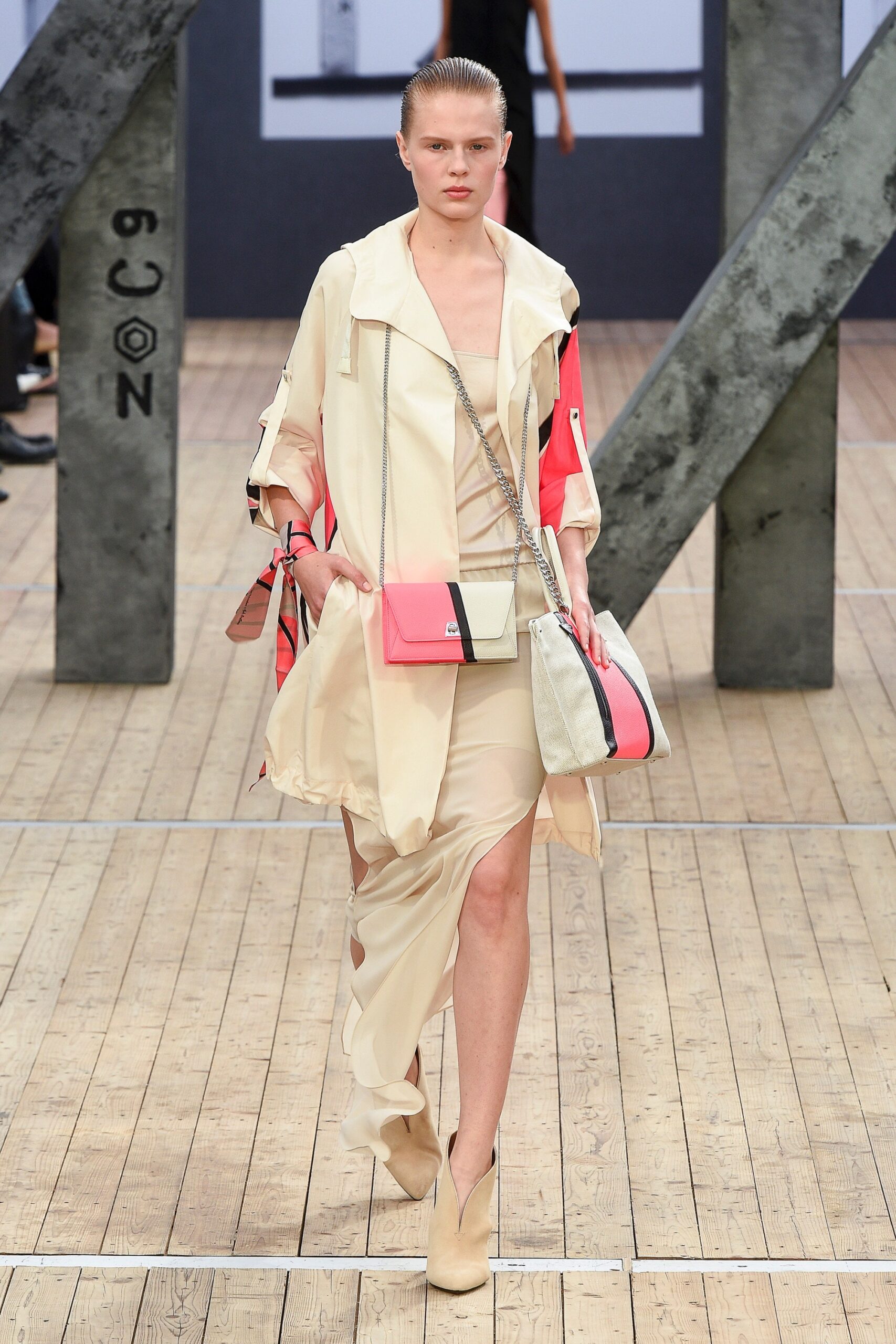beige silk long-sleeve collared relaxed draped flowing coat