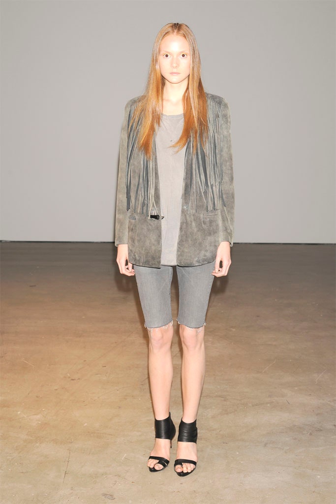 gray suede fringed jacket with denim shorts