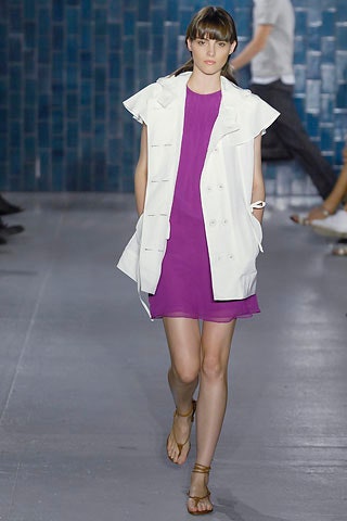 purple mini dress with white coat