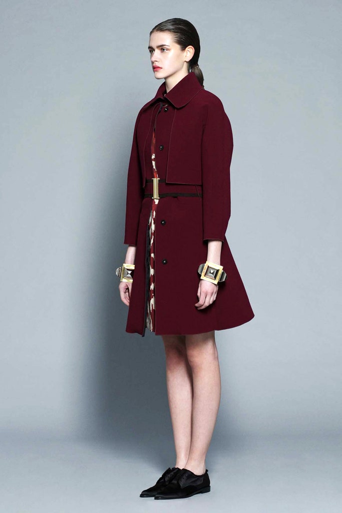 maroon coat with printed dress