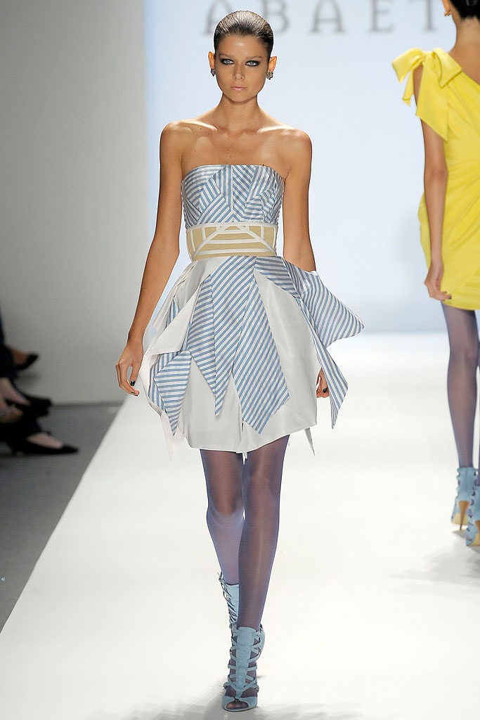 blue and white pleated strapless dress