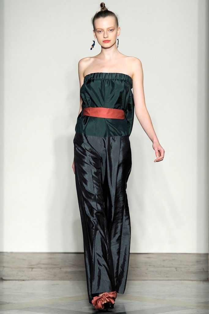 green silk strapless relaxed draped top