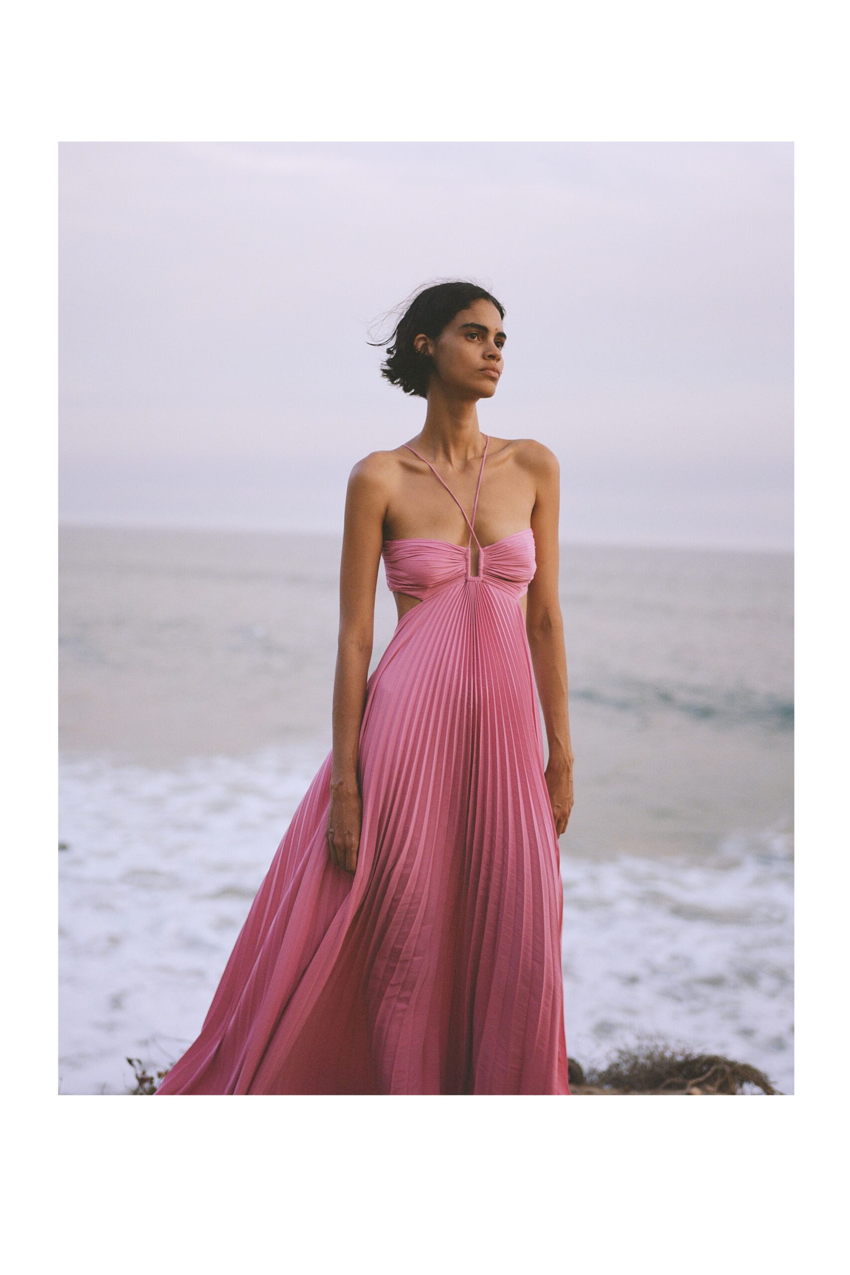 pink silk pleated gown