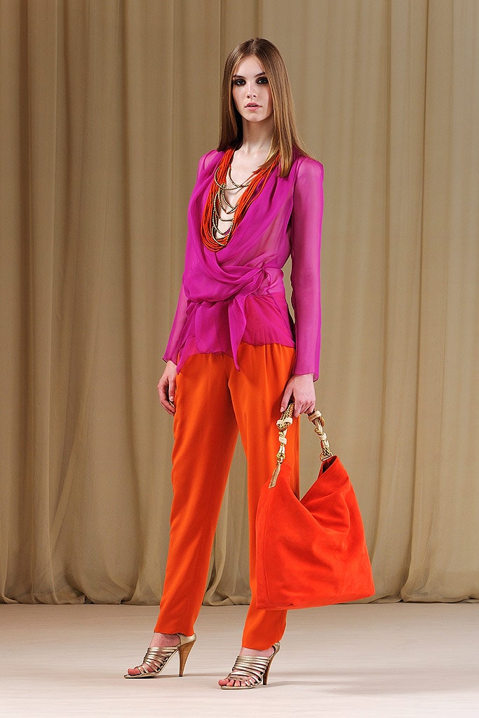 pink silk long-sleeve v-neck fitted draped sheer blouse