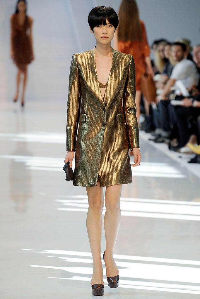 gold metallic long-sleeve v-neck tailored zippered shiny blazer