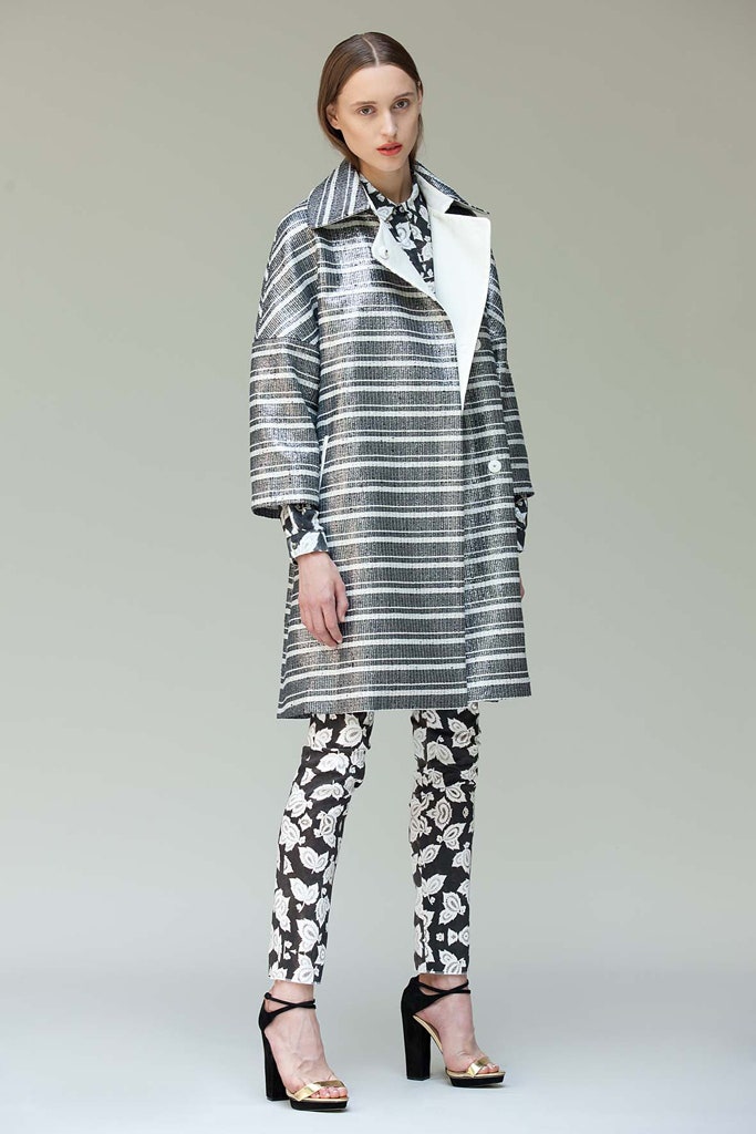 gray metallic long-sleeve collared relaxed striped buttoned coat