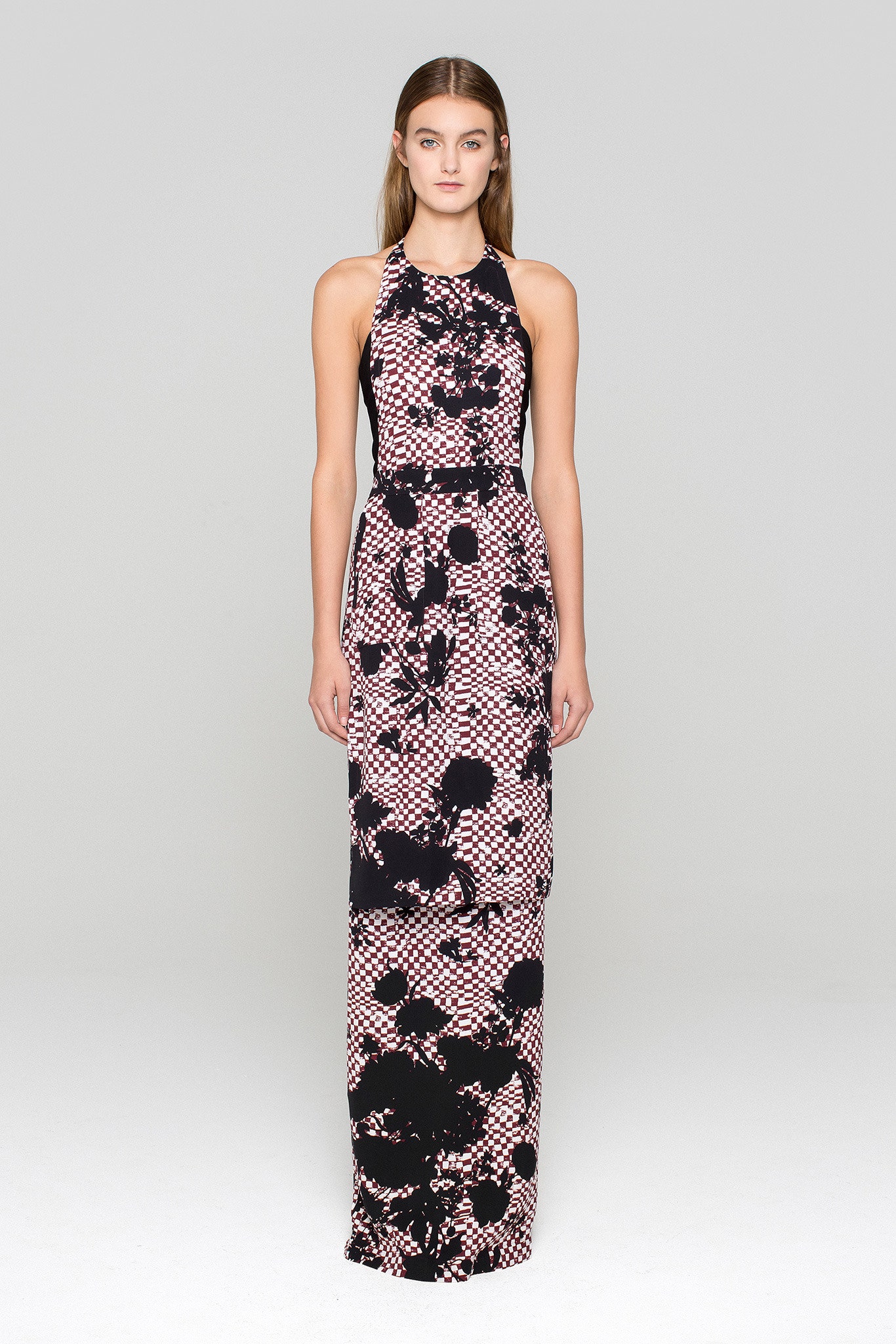fitted black and pink printed gown