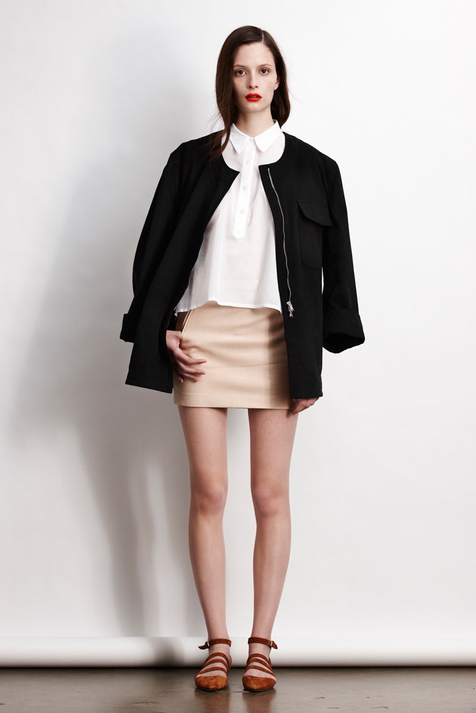 black jacket white blouse beige skirt