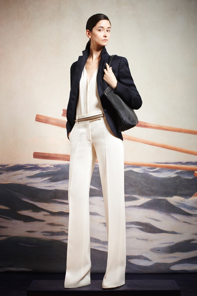 black blazer white top wide-leg pants