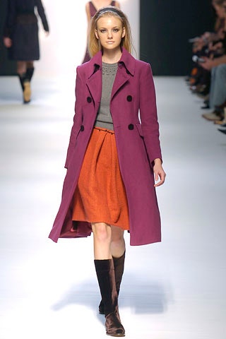 purple wool coat with orange skirt