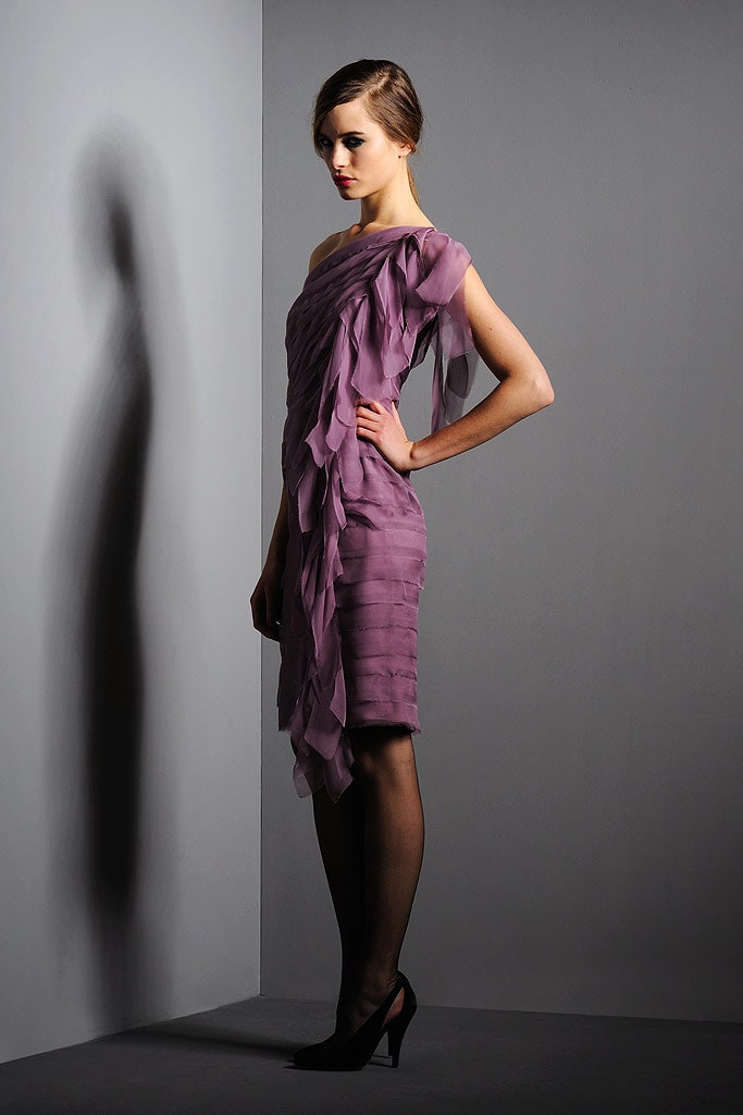 purple ruffled mini dress with heels