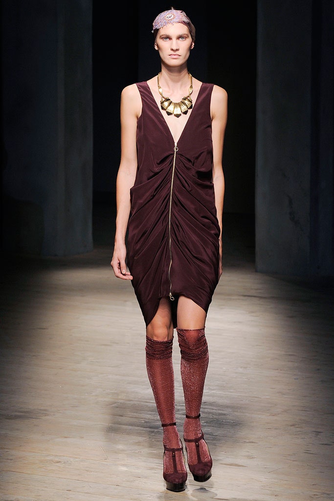 maroon silk sleeveless v-neck fitted zippered draped dress