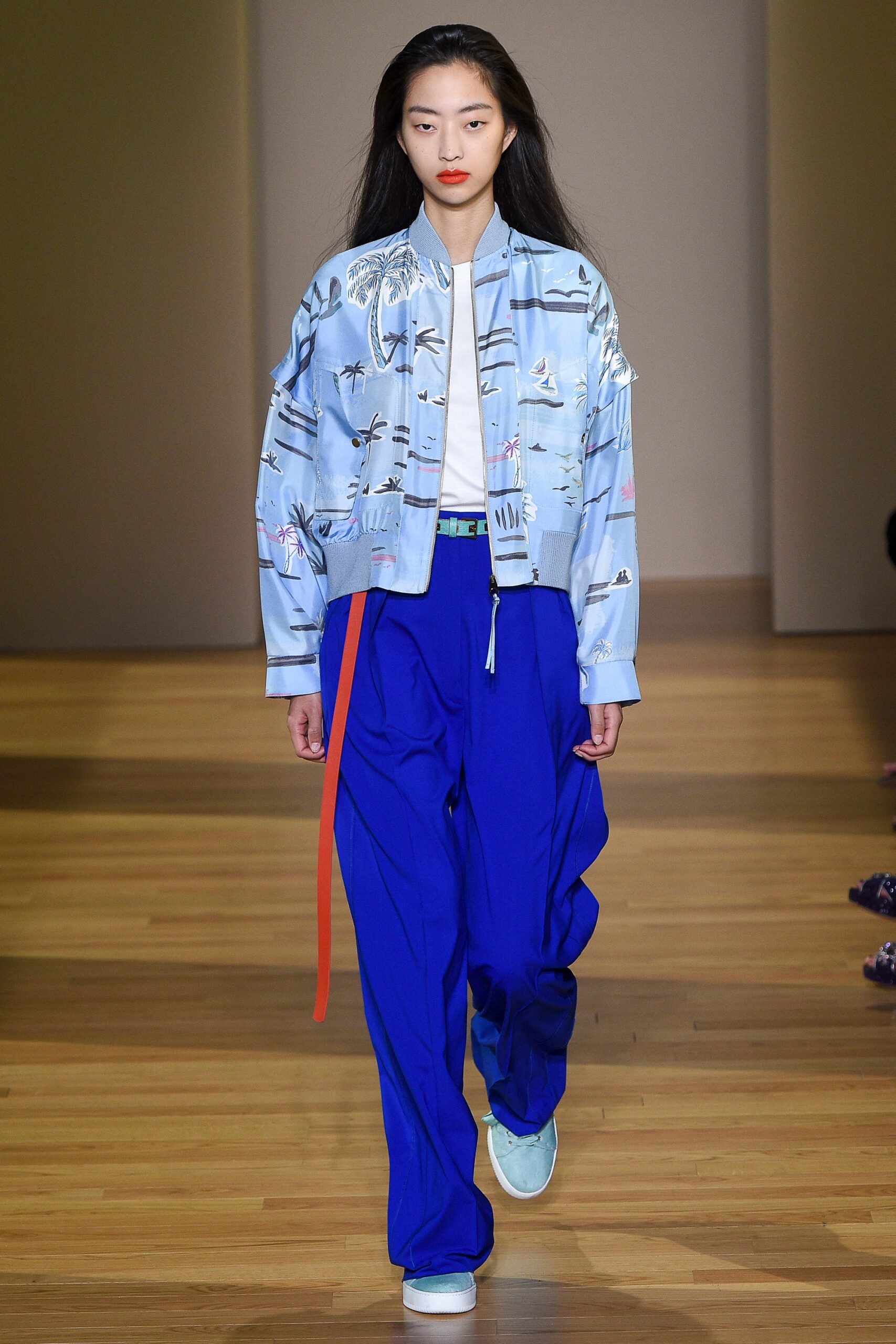 blue printed jacket with relaxed pants