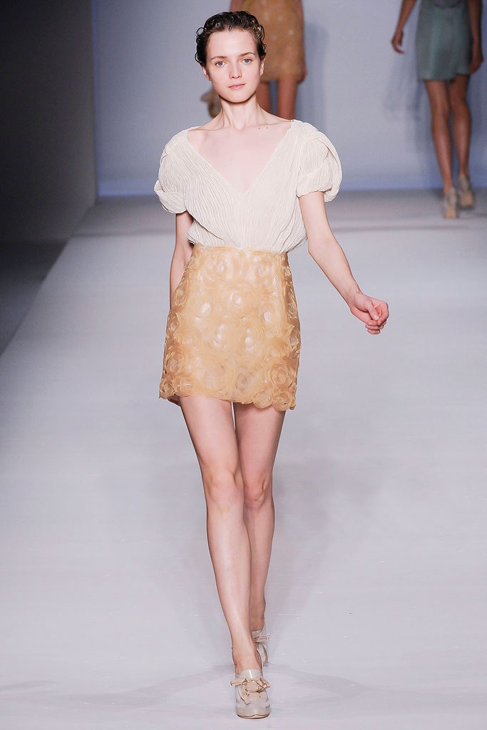 beige silk fitted flared mini skirt