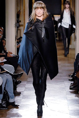 black silk cape with fitted pants