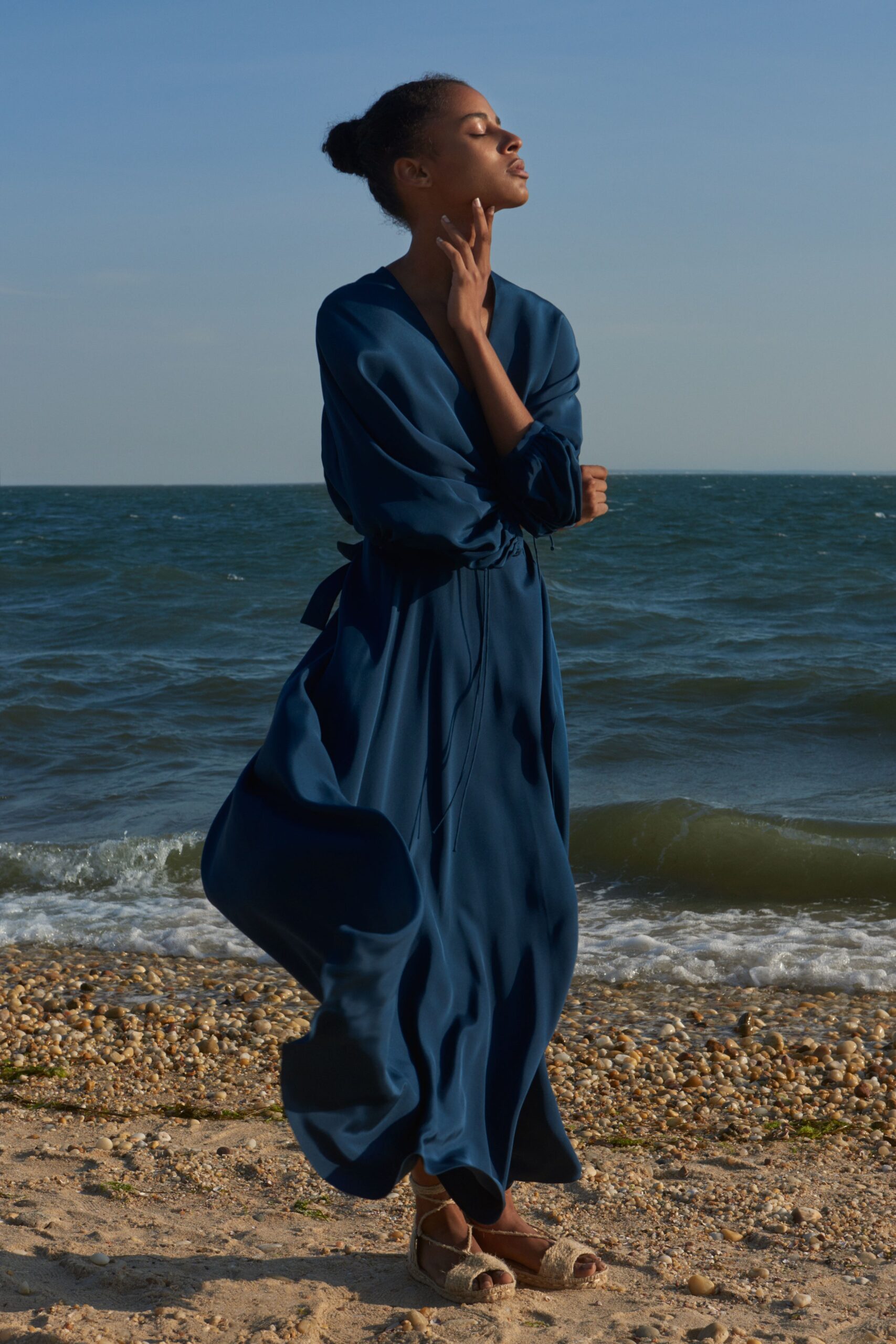blue silk relaxed maxi dress