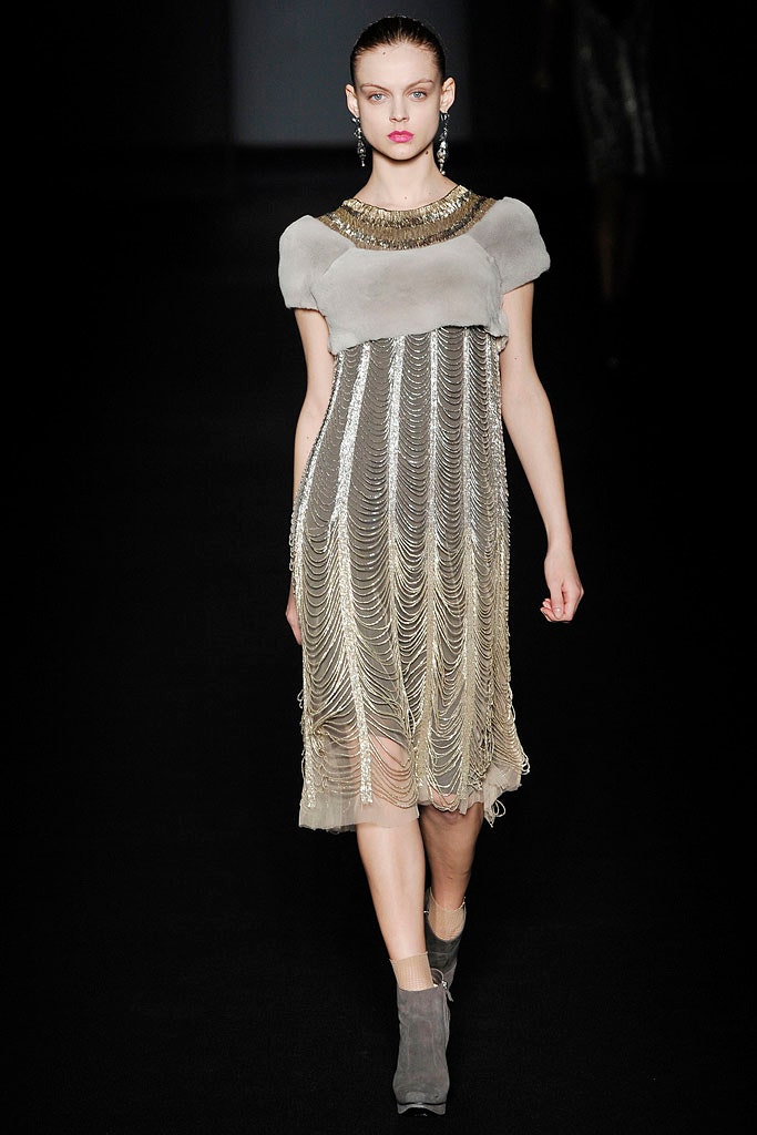 gold and gray beaded midi dress