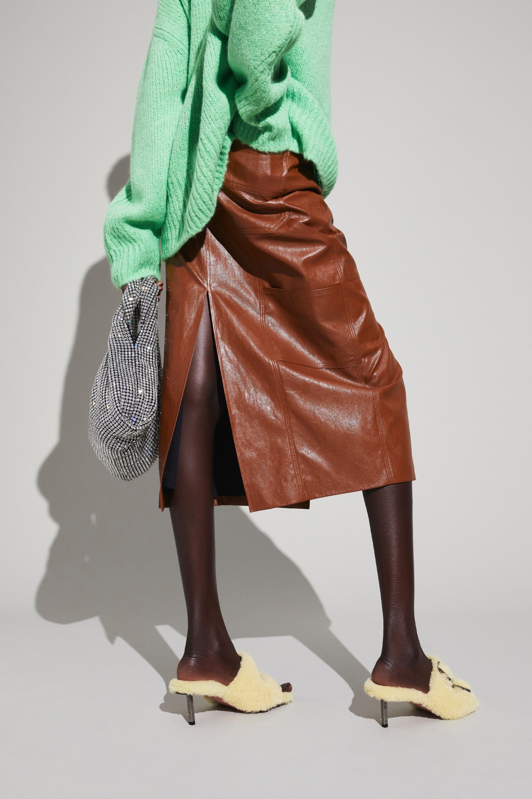 brown leather slit fitted high-waisted pencil skirt