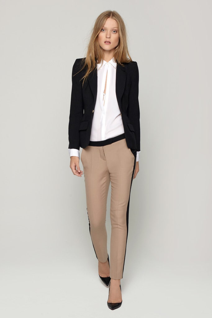 black blazer white shirt beige pants