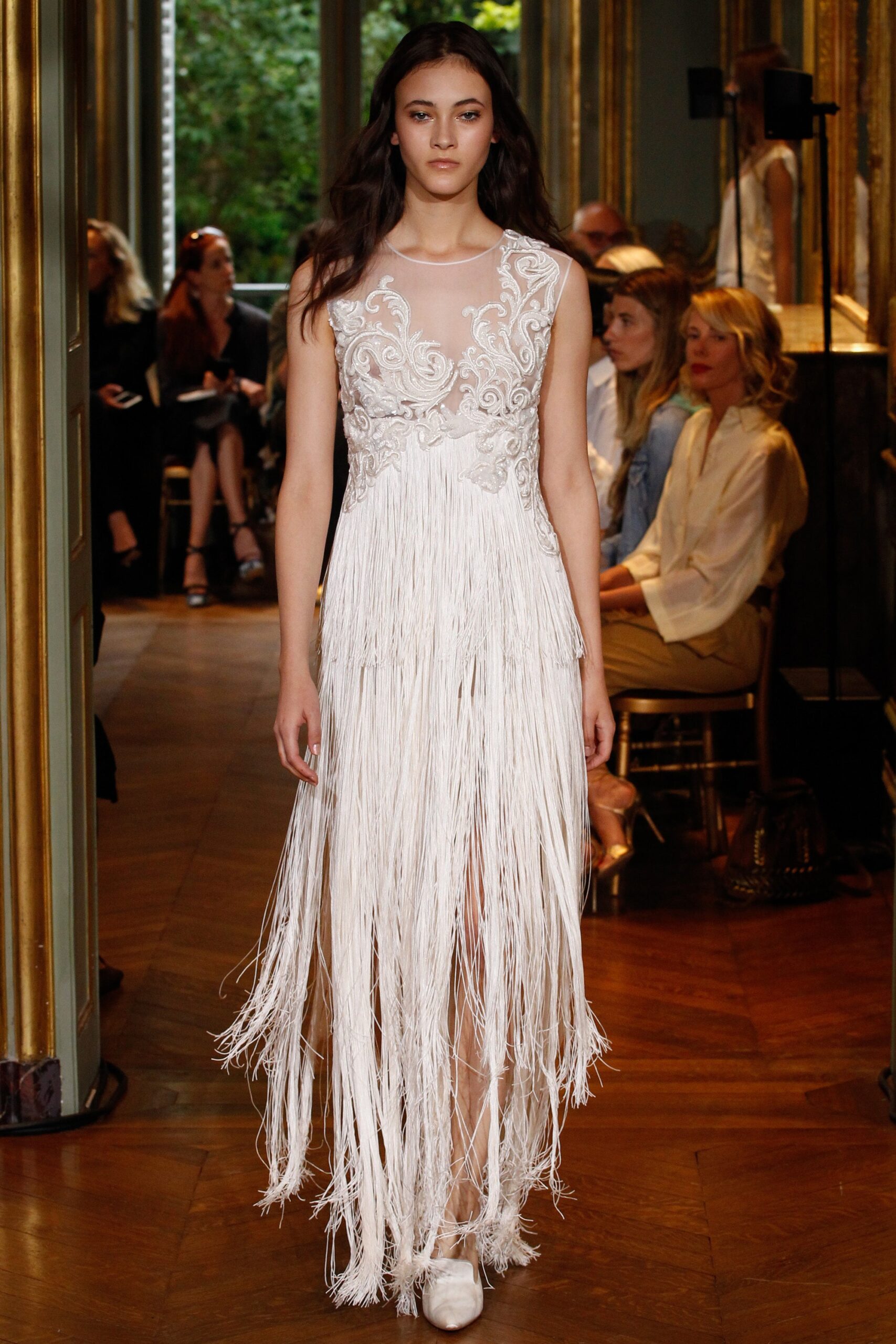 white silk fringed gown