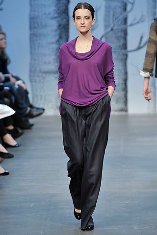 purple silk relaxed top with black pants