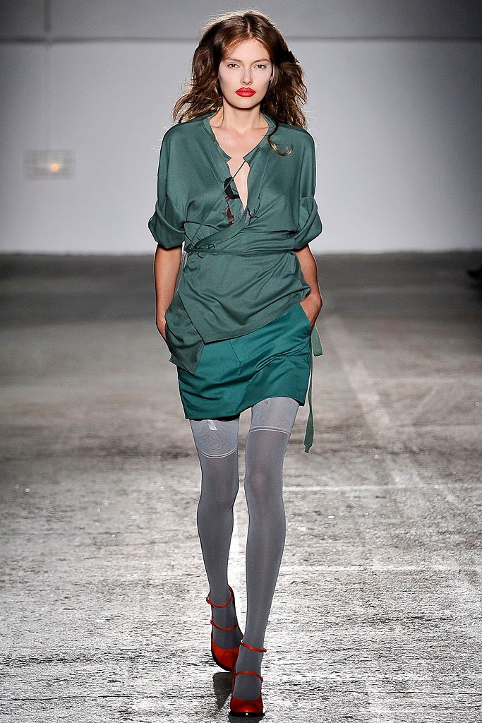 green silk relaxed top with mini skirt