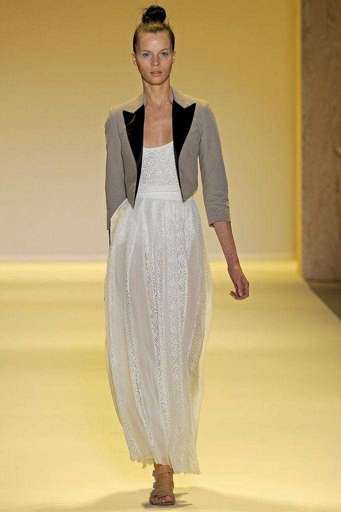 white lace maxi dress with tailored jacket