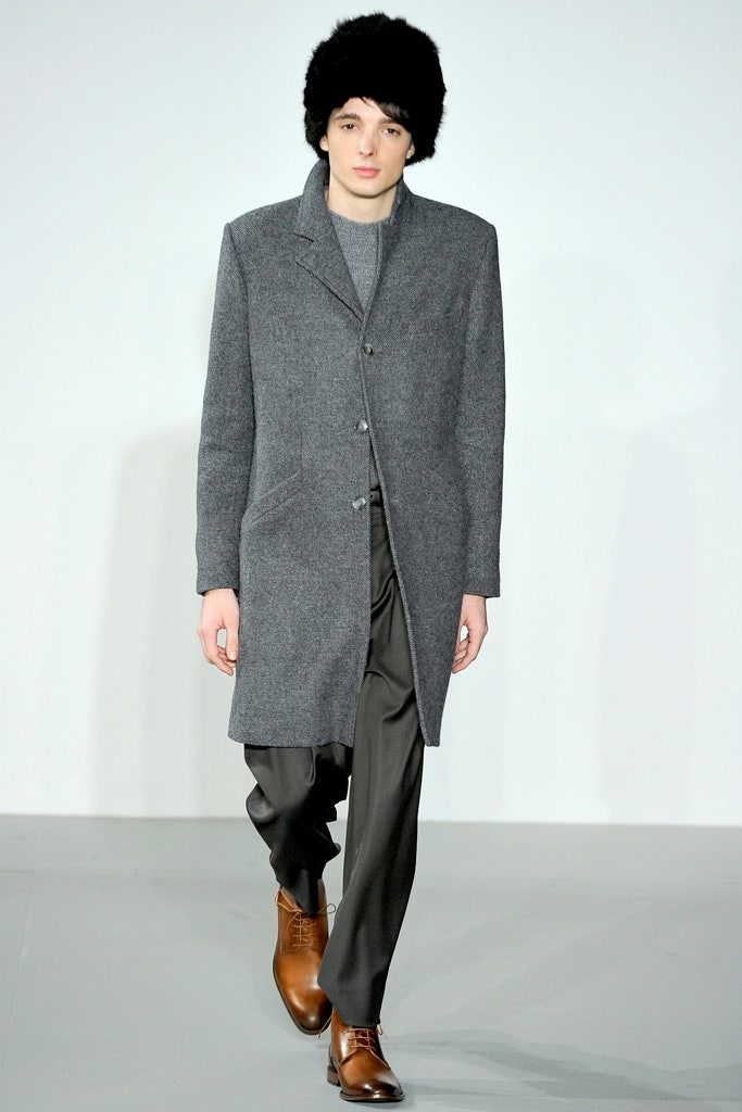 gray wool coat with black pants