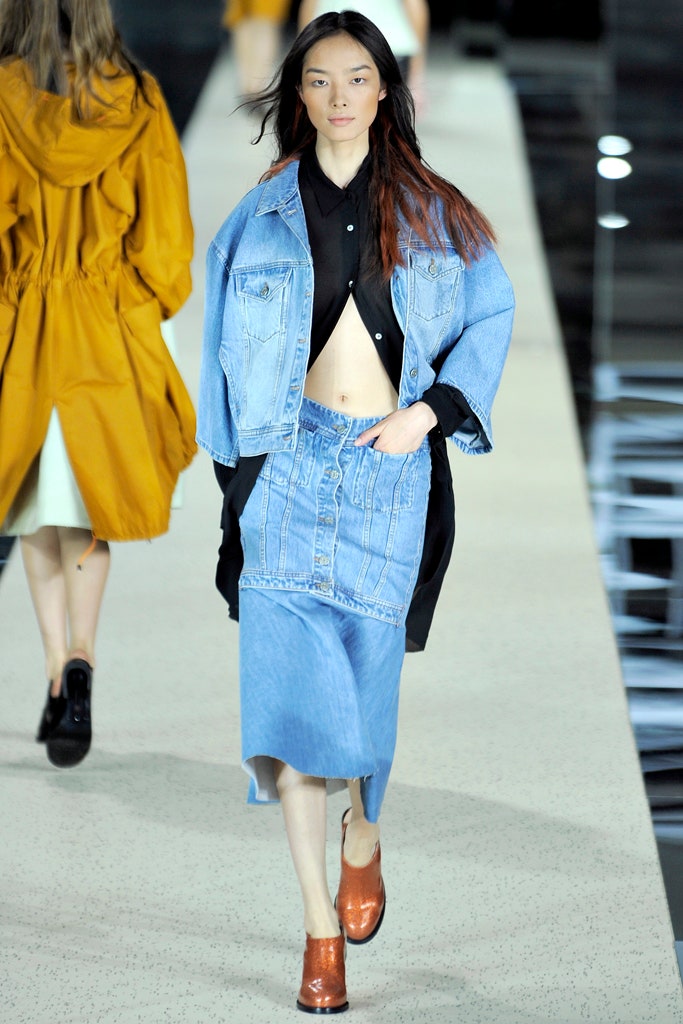 blue denim fitted buttoned pencil midi skirt