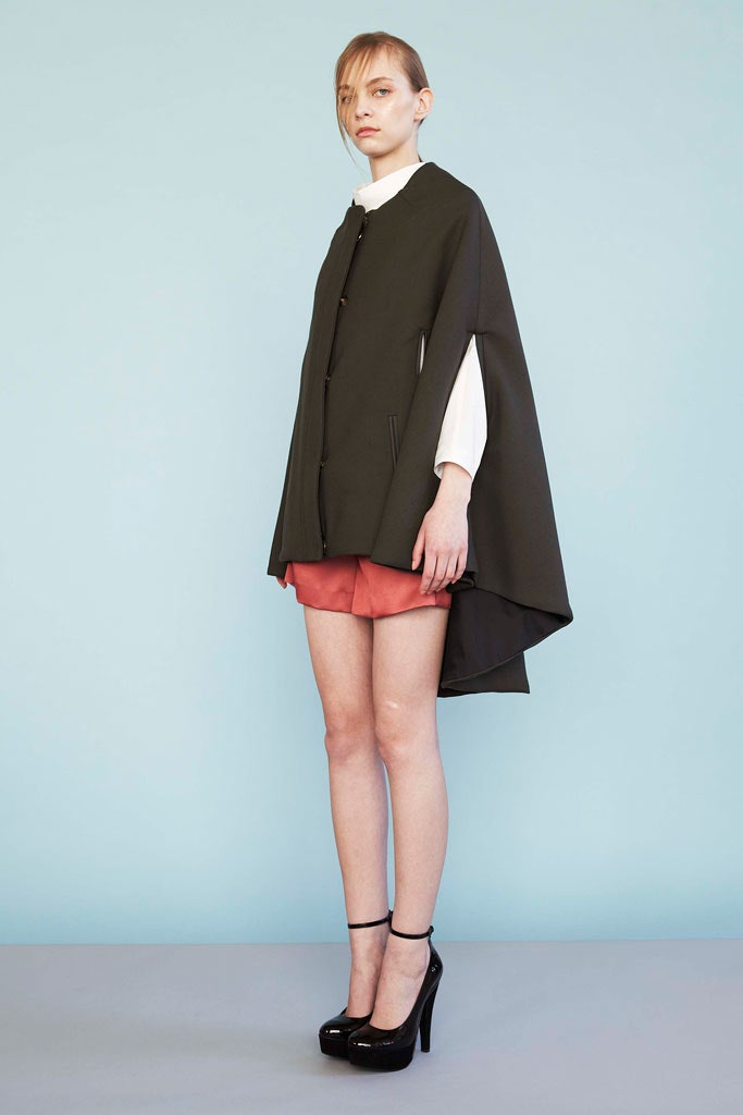 black wool long-sleeve collared structured zippered cape