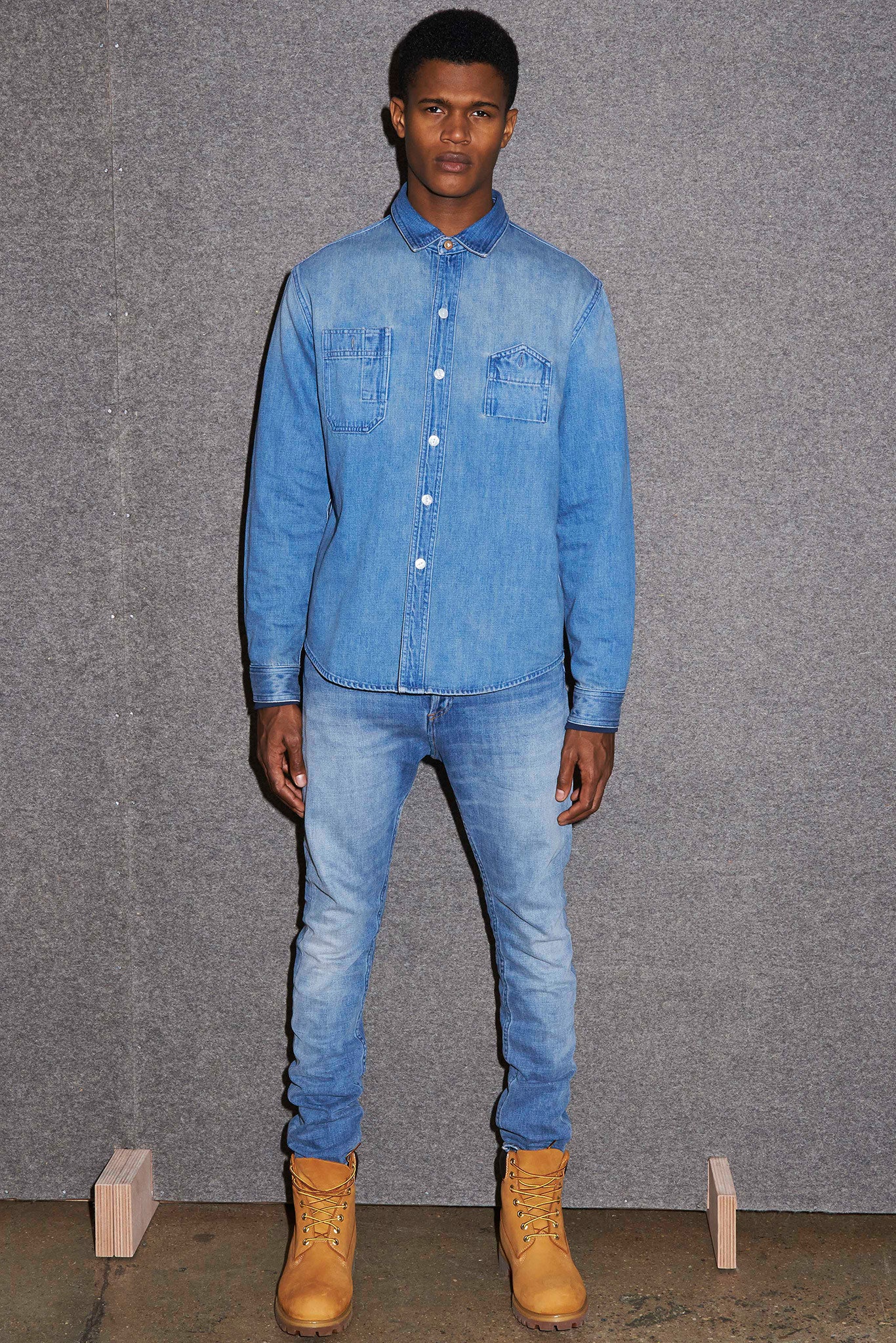 blue denim shirt with slim pants