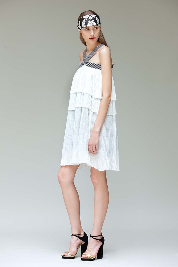 white silk sleeveless v-neck relaxed tiered flowing dress