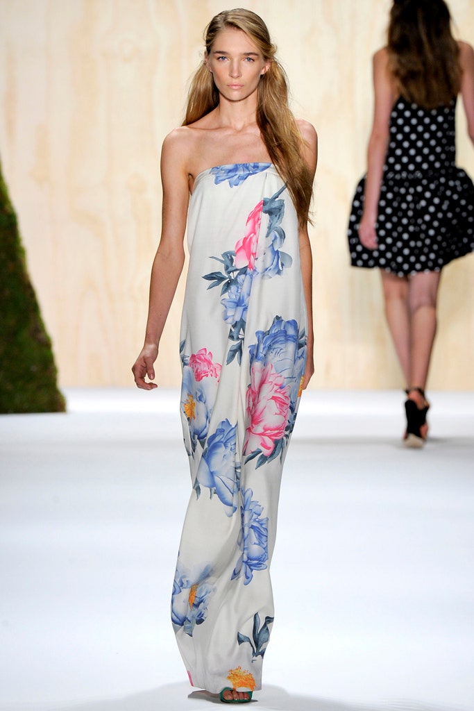 white floral strapless gown