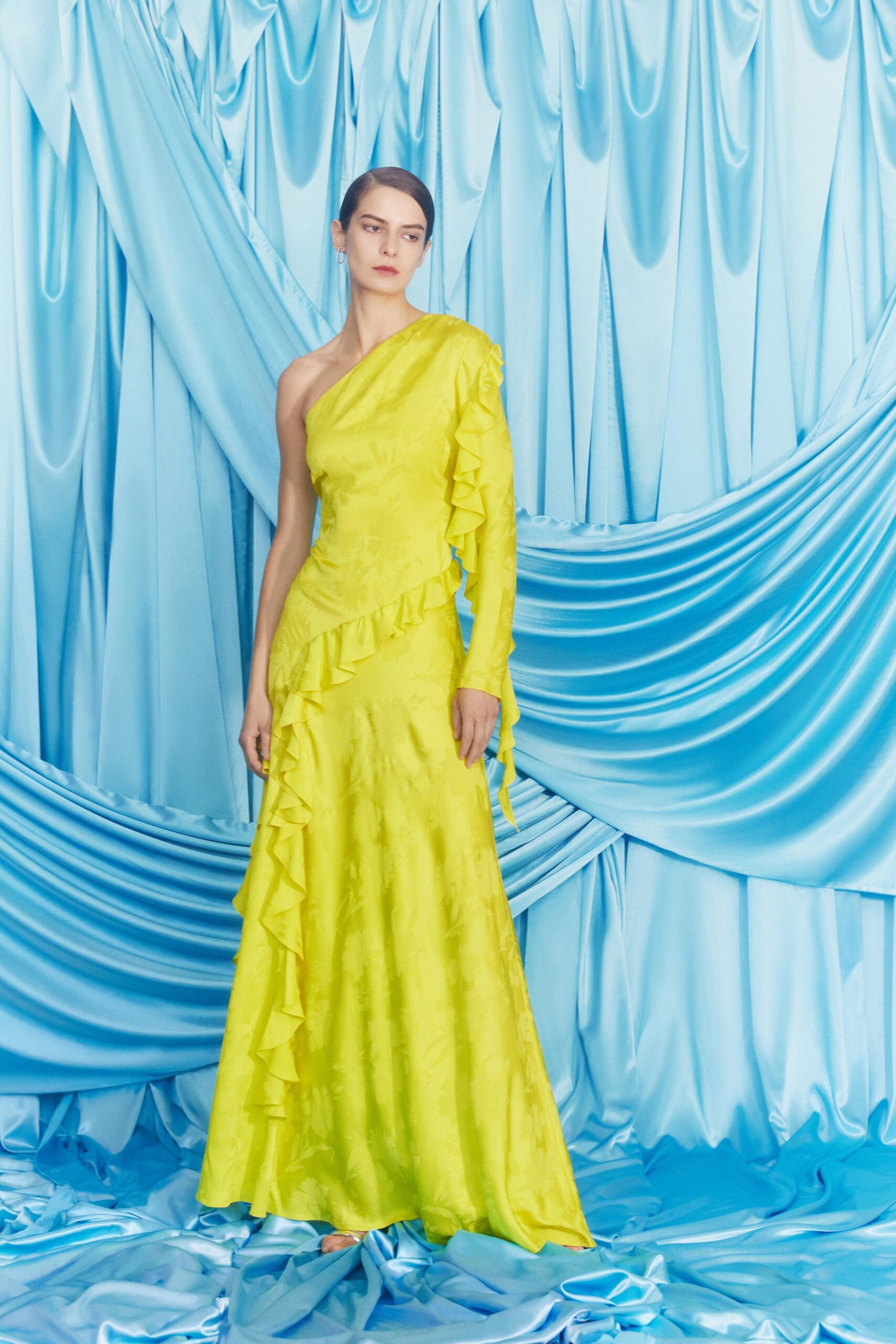 yellow silk one-shoulder gown
