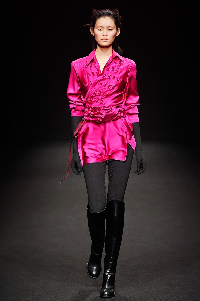 pink silk long-sleeve collared fitted zippered top