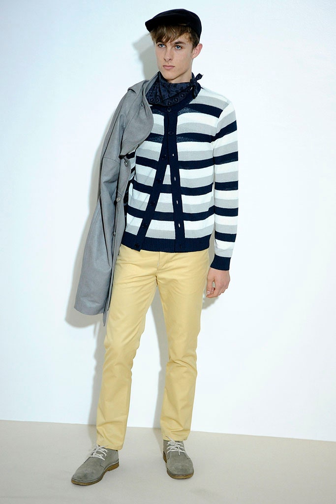 striped sweater with yellow pants
