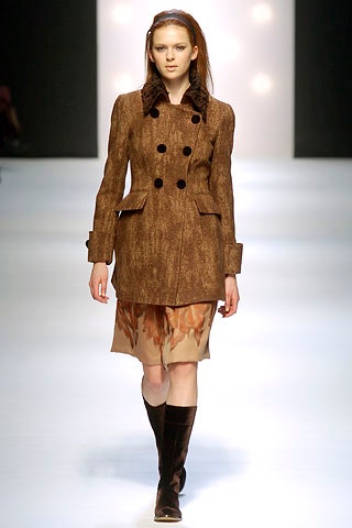 brown tweed tailored coat and beige silk dress