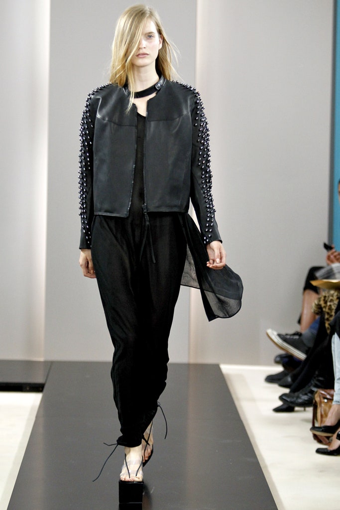 black leather jacket and jumpsuit