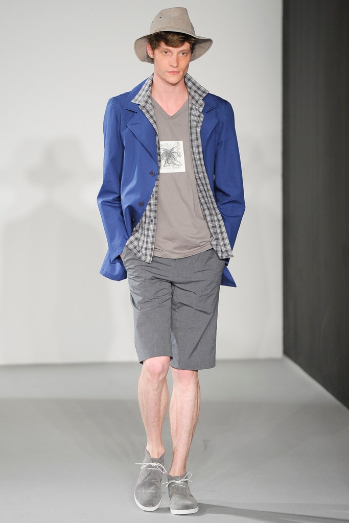 blue relaxed jacket with gray t-shirt