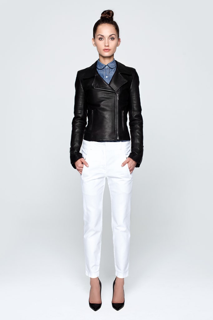 black leather jacket with blue shirt