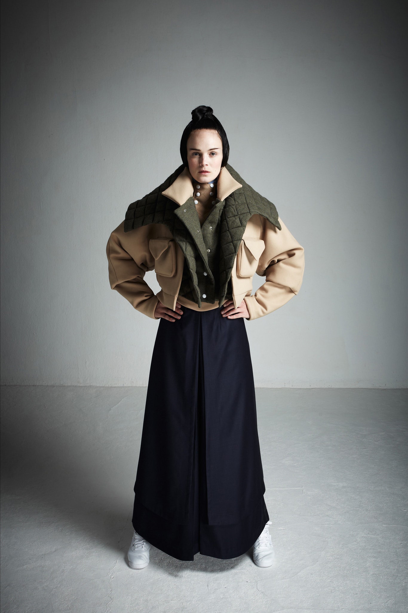 oversized beige green jacket with black skirt