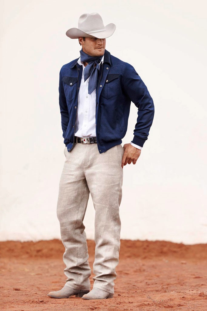 blue cotton jacket with beige pants